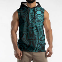 New Zealand Skull Darts Sleeveless Hoodie Aotearoa Maori Chest Tattoo Stylized Teal - Polynesian Pride