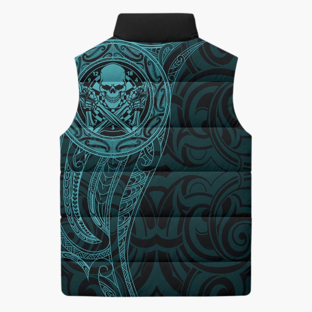 New Zealand Skull Darts Sleeveless Puffer Jacket Aotearoa Maori Chest Tattoo Stylized Teal - Polynesian Pride