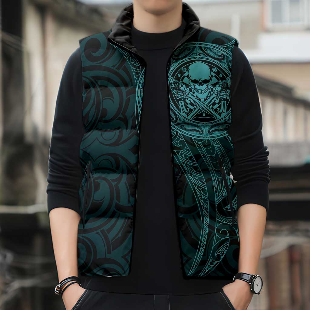 New Zealand Skull Darts Sleeveless Puffer Jacket Aotearoa Maori Chest Tattoo Stylized Teal - Polynesian Pride