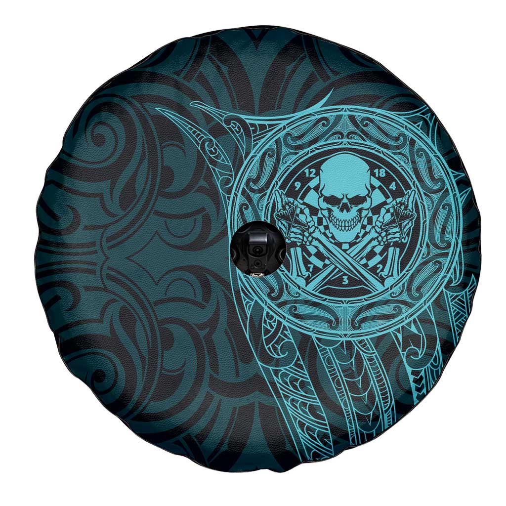 New Zealand Skull Darts Spare Tire Cover Aotearoa Maori Chest Tattoo Stylized Teal - Polynesian Pride