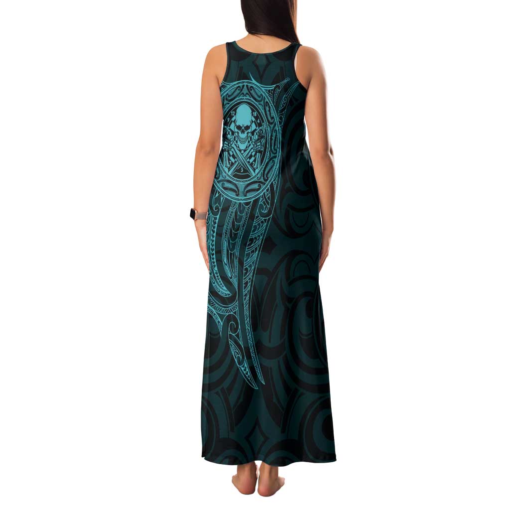 New Zealand Skull Darts Tank Maxi Dress Aotearoa Maori Chest Tattoo Stylized Teal - Polynesian Pride