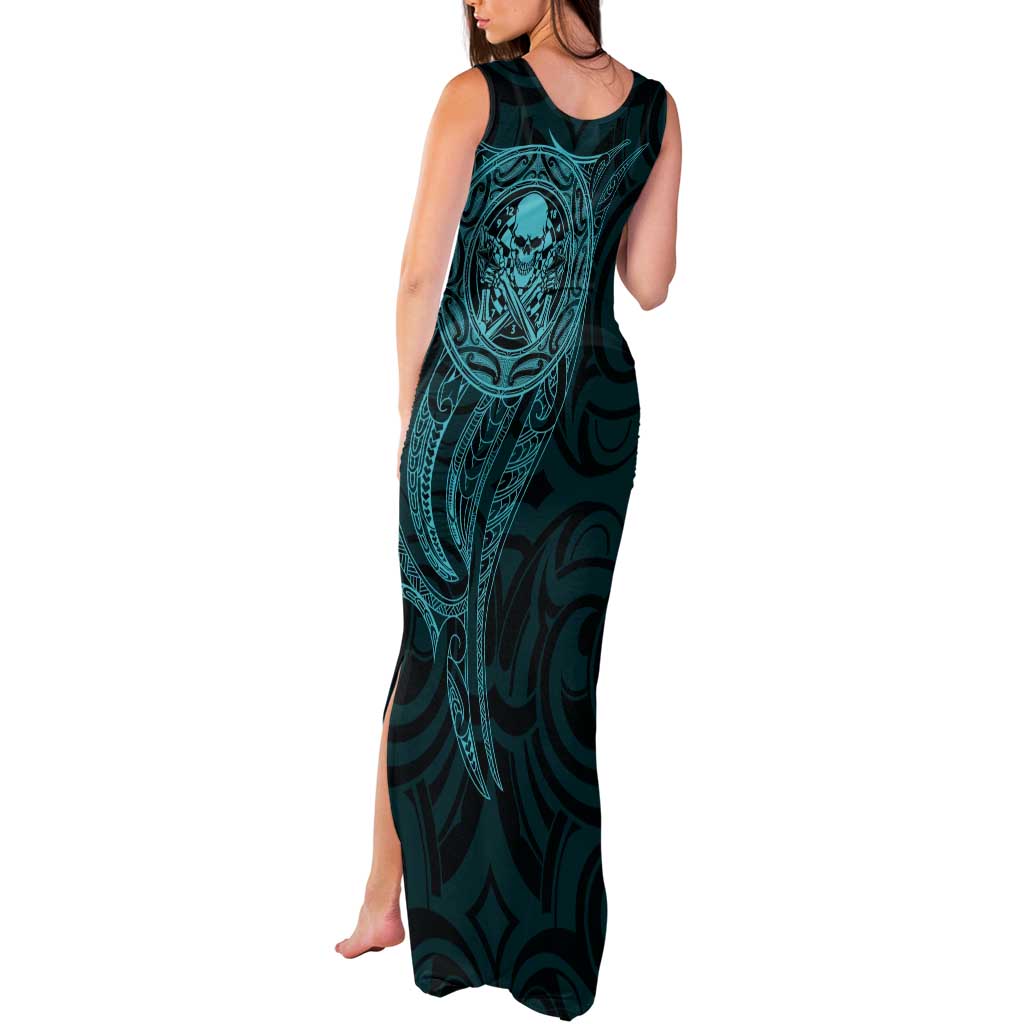 New Zealand Skull Darts Tank Maxi Dress Aotearoa Maori Chest Tattoo Stylized Teal - Polynesian Pride