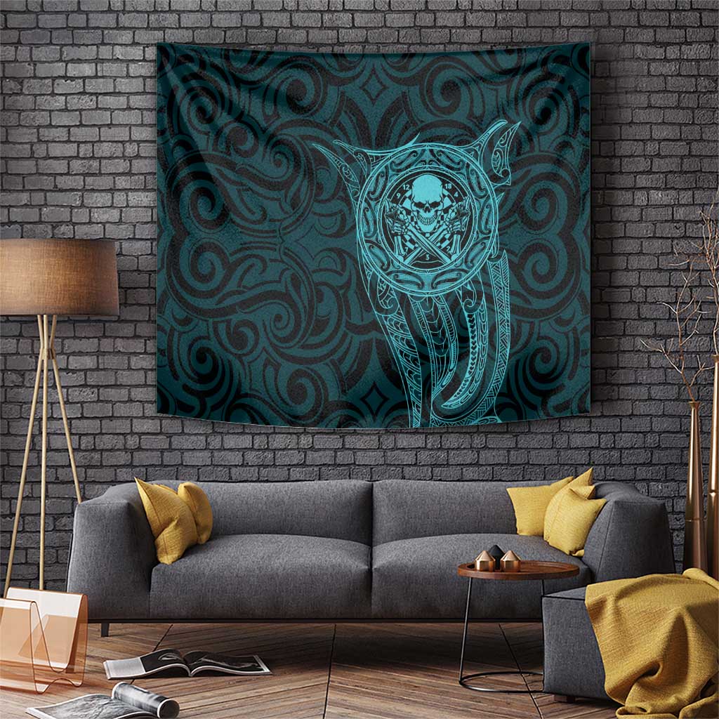 New Zealand Skull Darts Tapestry Aotearoa Maori Chest Tattoo Stylized Teal - Polynesian Pride