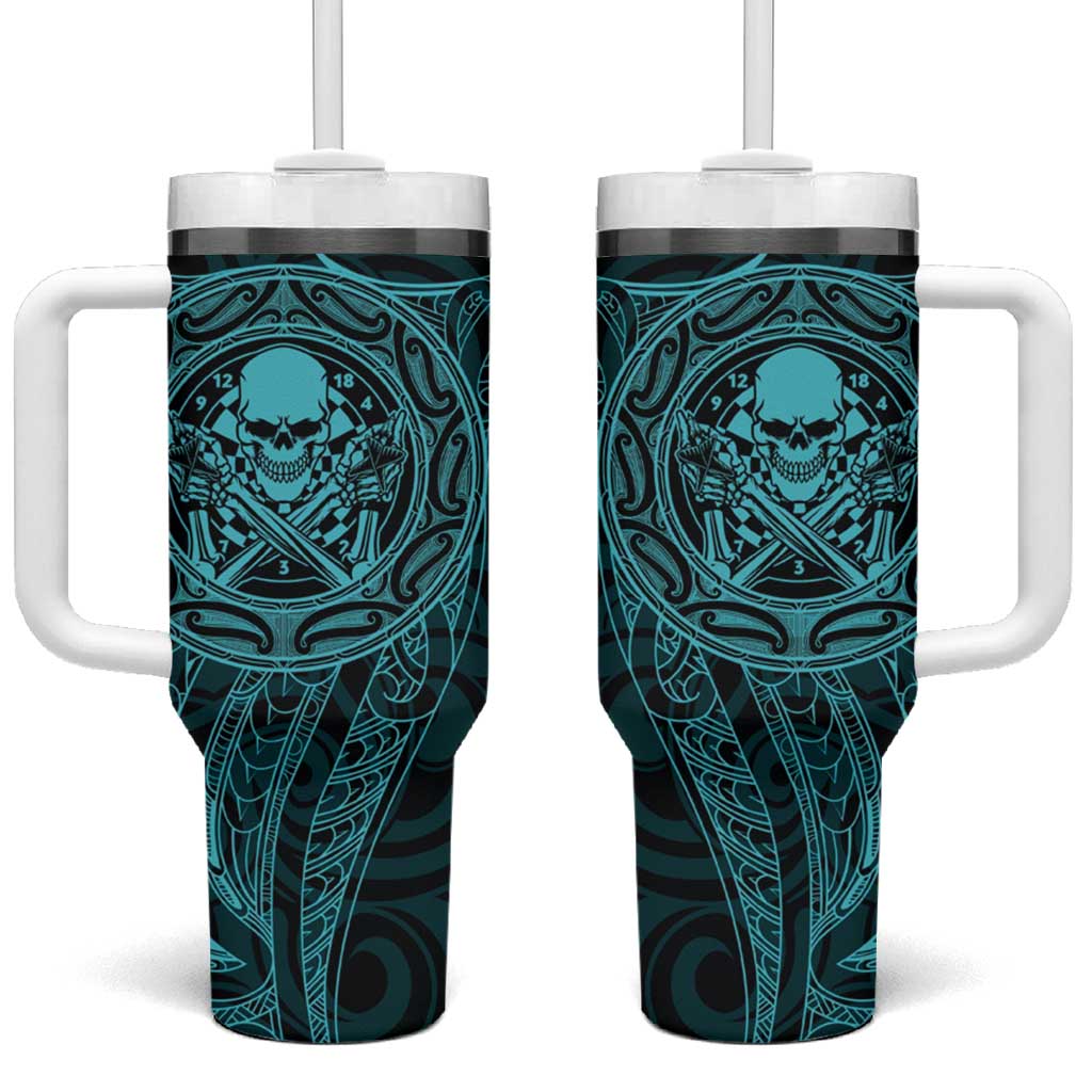 New Zealand Skull Darts Tumbler With Handle Aotearoa Maori Chest Tattoo Stylized Teal - Polynesian Pride