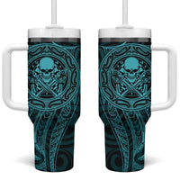 New Zealand Skull Darts Tumbler With Handle Aotearoa Maori Chest Tattoo Stylized Teal - Polynesian Pride