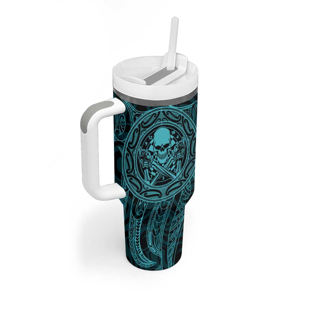 New Zealand Skull Darts Tumbler With Handle Aotearoa Maori Chest Tattoo Stylized Teal - Polynesian Pride