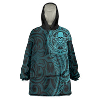 New Zealand Skull Darts Wearable Blanket Hoodie Aotearoa Maori Chest Tattoo Stylized Teal - Polynesian Pride