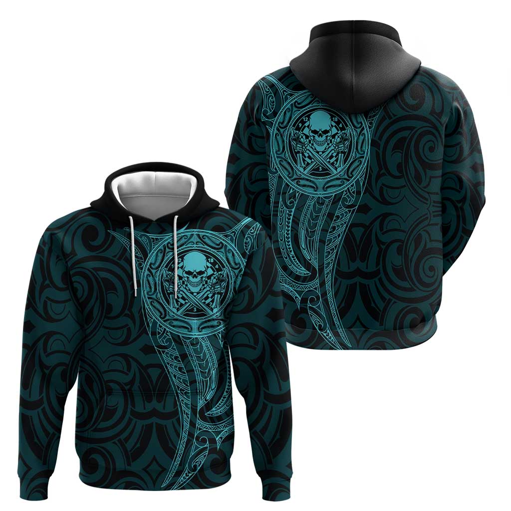 New Zealand Skull Darts Zip Hoodie Aotearoa Maori Chest Tattoo Stylized Teal - Polynesian Pride