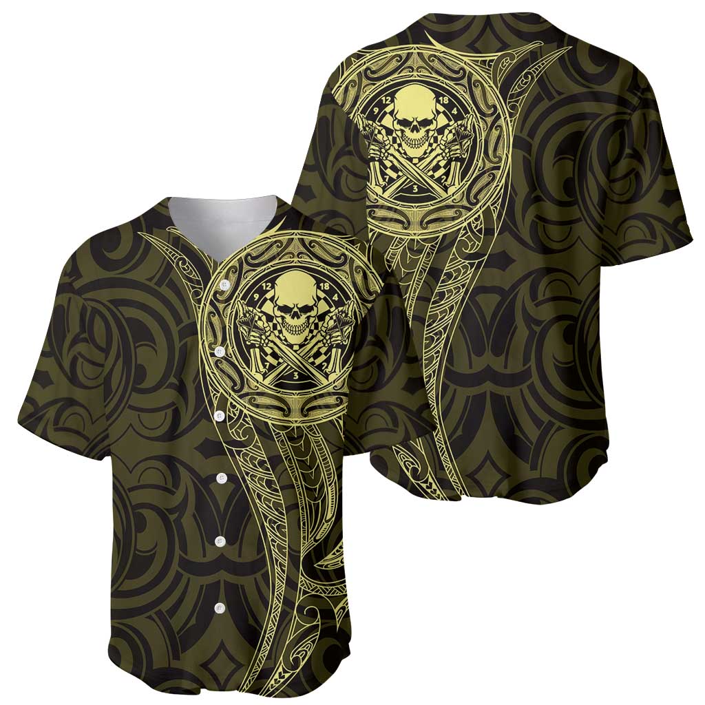 New Zealand Skull Darts Baseball Jersey Aotearoa Maori Chest Tattoo Stylized Gold - Polynesian Pride