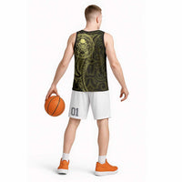 New Zealand Skull Darts Basketball Jersey Aotearoa Maori Chest Tattoo Stylized Gold - Polynesian Pride