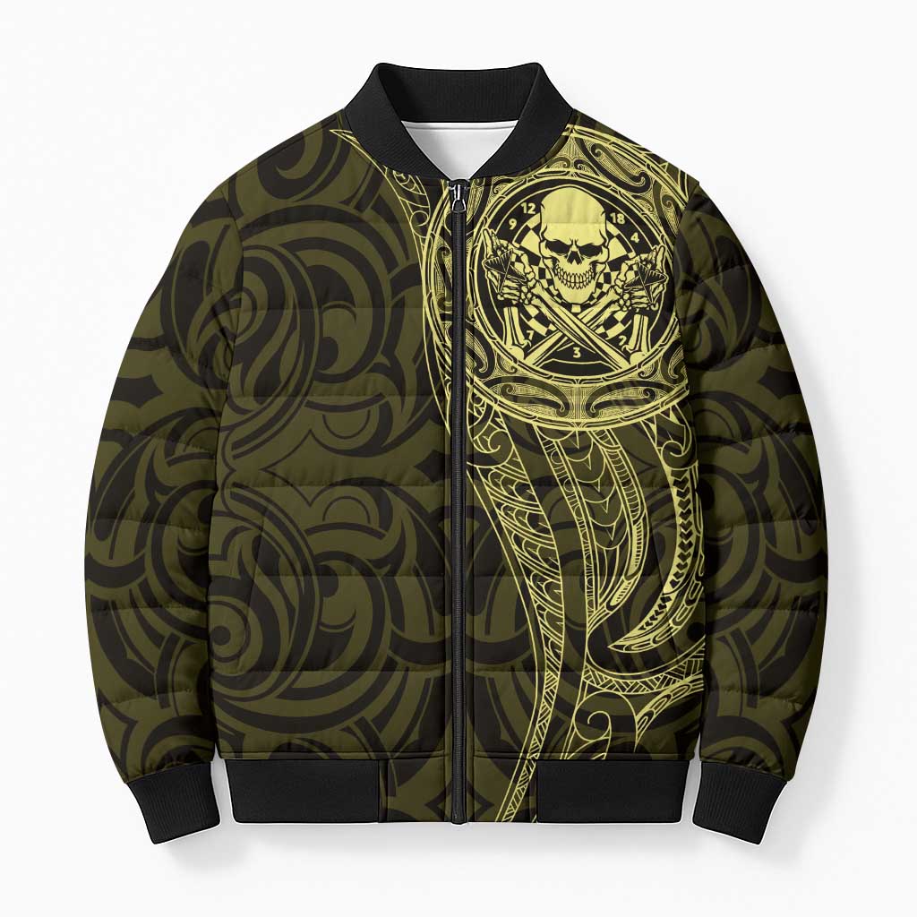 New Zealand Skull Darts Bomber Puffer Jacket Aotearoa Maori Chest Tattoo Stylized Gold - Polynesian Pride