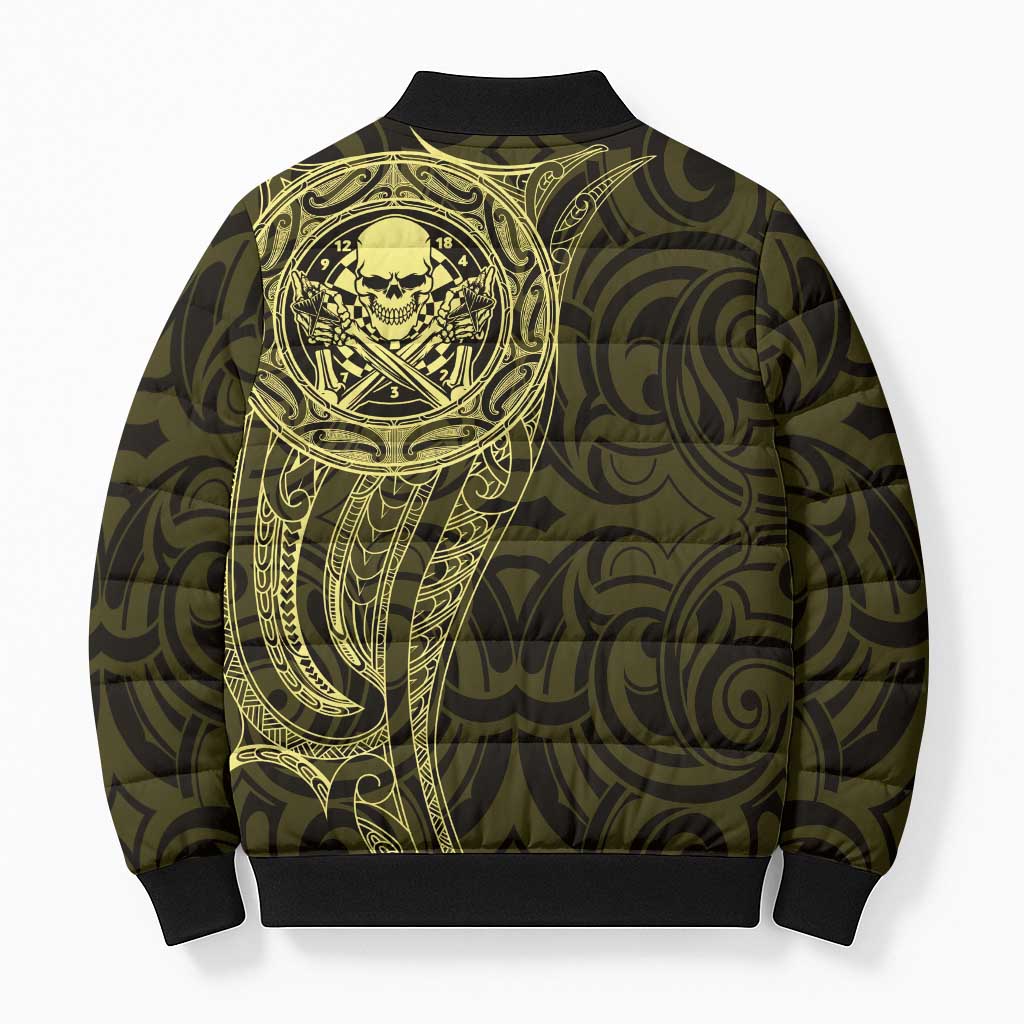 New Zealand Skull Darts Bomber Puffer Jacket Aotearoa Maori Chest Tattoo Stylized Gold - Polynesian Pride