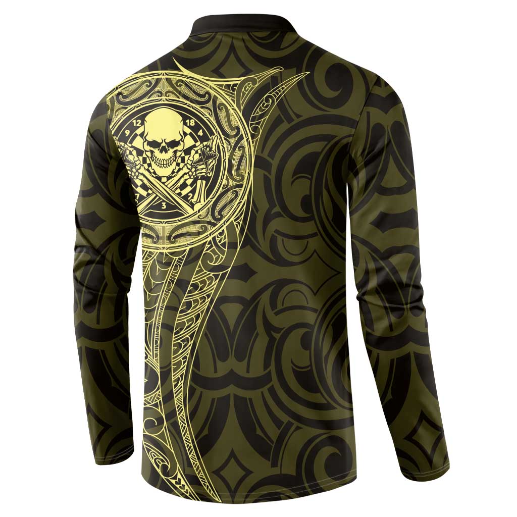 New Zealand Skull Darts Button Sweatshirt Aotearoa Maori Chest Tattoo Stylized Gold - Polynesian Pride