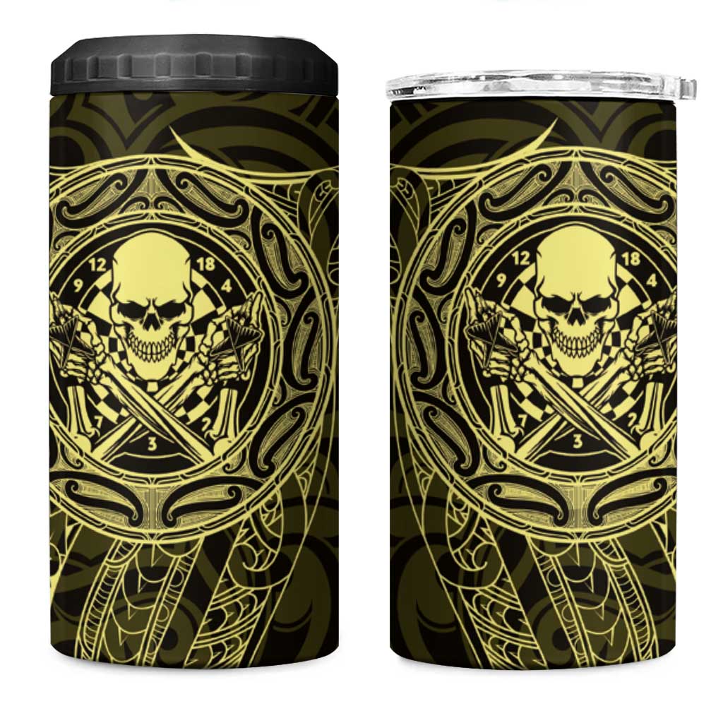New Zealand Skull Darts 4 in 1 Can Cooler Tumbler Aotearoa Maori Chest Tattoo Stylized Gold - Polynesian Pride