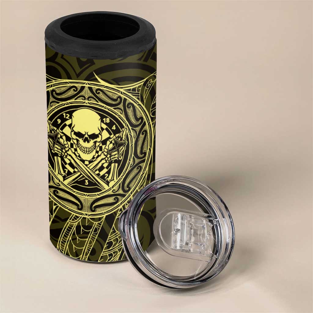 New Zealand Skull Darts 4 in 1 Can Cooler Tumbler Aotearoa Maori Chest Tattoo Stylized Gold - Polynesian Pride