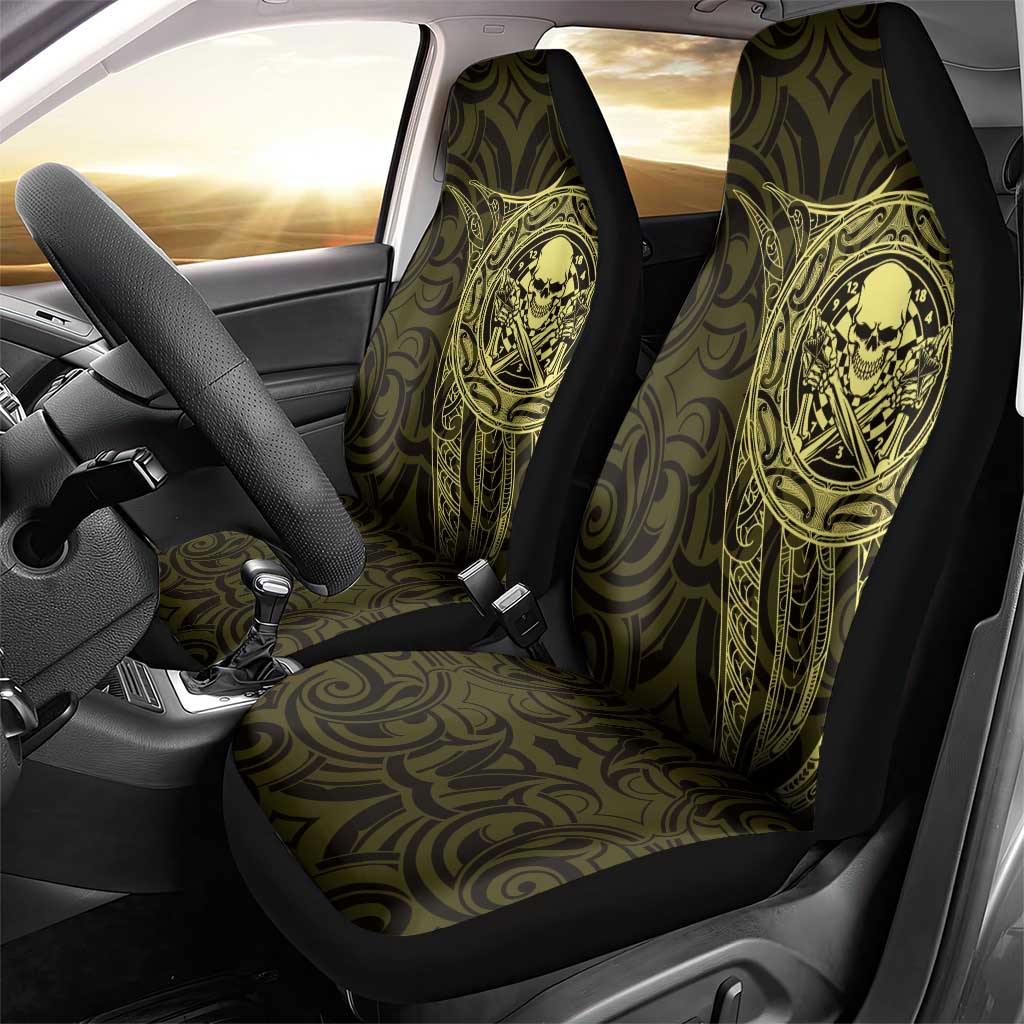 New Zealand Skull Darts Car Seat Cover Aotearoa Maori Chest Tattoo Stylized Gold - Polynesian Pride