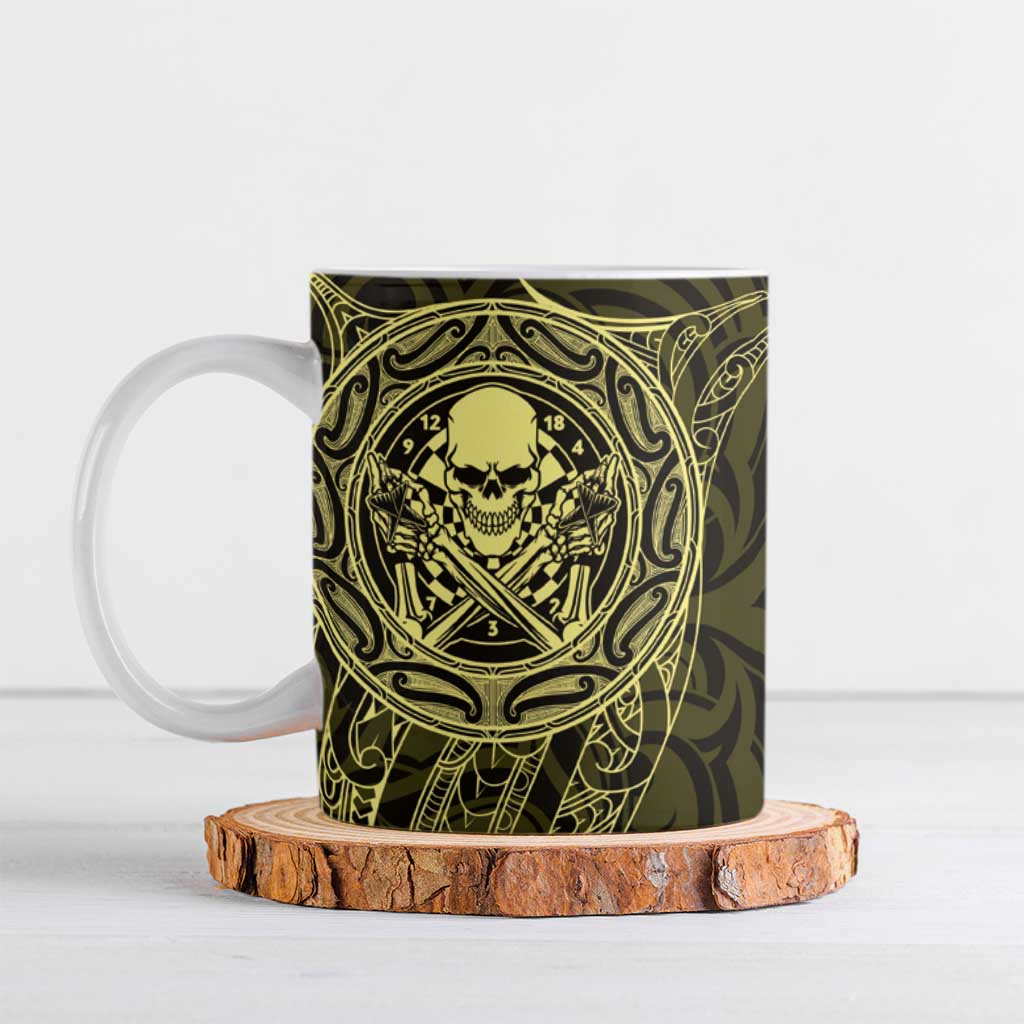 New Zealand Skull Darts Ceramic Mug Aotearoa Maori Chest Tattoo Stylized Gold - Polynesian Pride