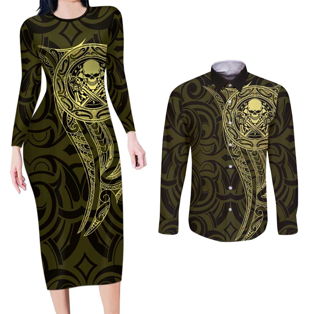 New Zealand Skull Darts Couples Matching Long Sleeve Bodycon Dress and Long Sleeve Button Shirt Aotearoa Maori Chest Tattoo Stylized Gold - Polynesian Pride