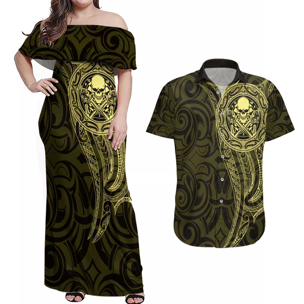 New Zealand Skull Darts Couples Matching Off Shoulder Maxi Dress and Hawaiian Shirt Aotearoa Maori Chest Tattoo Stylized Gold - Polynesian Pride