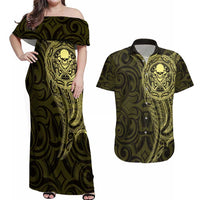 New Zealand Skull Darts Couples Matching Off Shoulder Maxi Dress and Hawaiian Shirt Aotearoa Maori Chest Tattoo Stylized Gold - Polynesian Pride