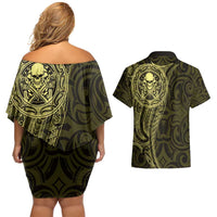 New Zealand Skull Darts Couples Matching Off Shoulder Short Dress and Hawaiian Shirt Aotearoa Maori Chest Tattoo Stylized Gold - Polynesian Pride