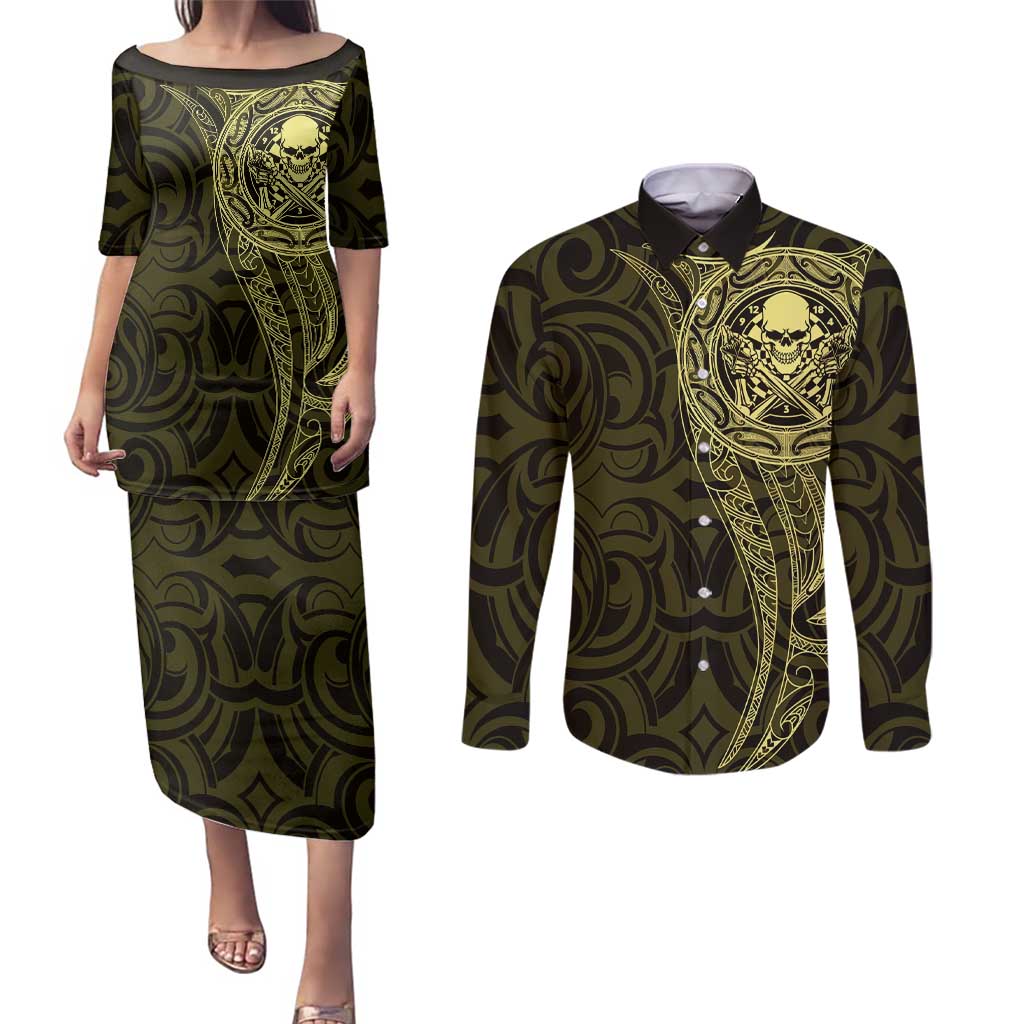New Zealand Skull Darts Couples Matching Puletasi and Long Sleeve Button Shirt Aotearoa Maori Chest Tattoo Stylized Gold - Polynesian Pride