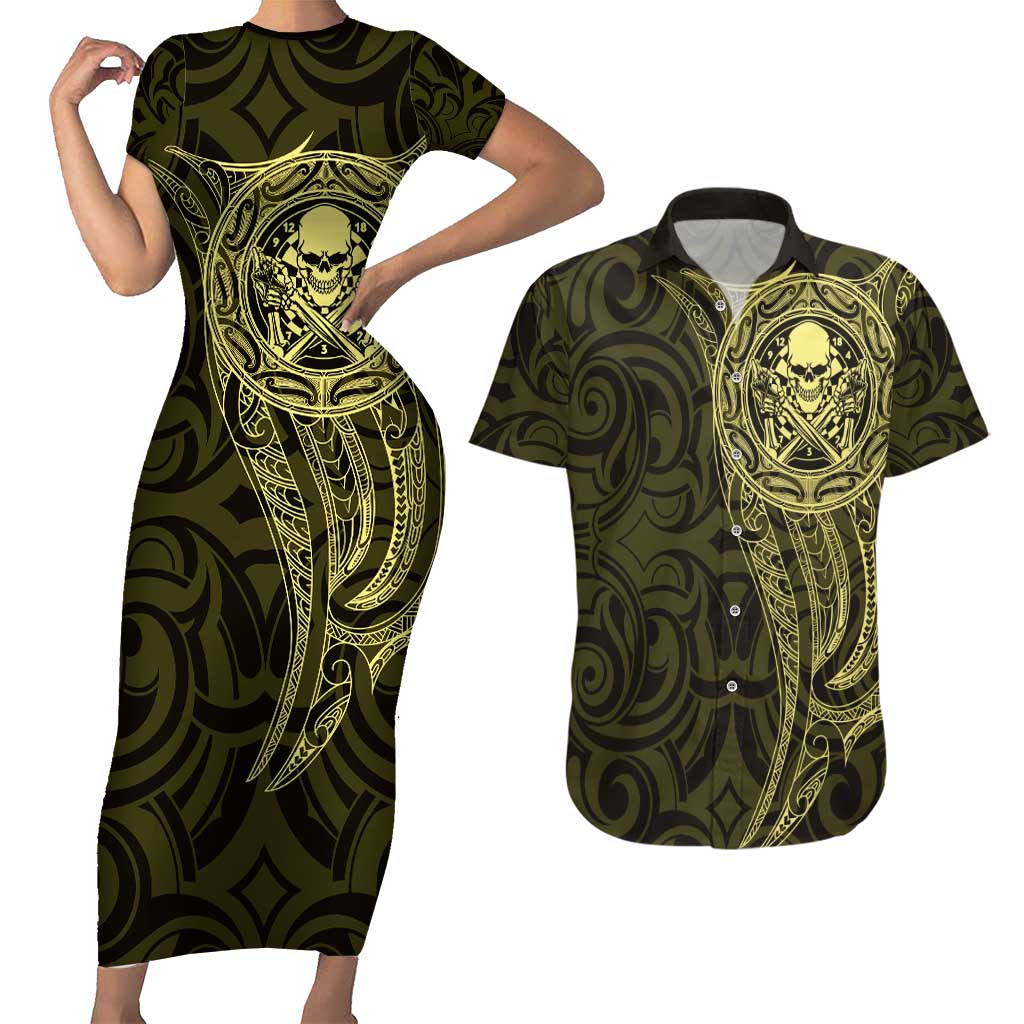 New Zealand Skull Darts Couples Matching Short Sleeve Bodycon Dress and Hawaiian Shirt Aotearoa Maori Chest Tattoo Stylized Gold - Polynesian Pride