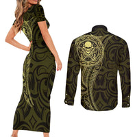 New Zealand Skull Darts Couples Matching Short Sleeve Bodycon Dress and Long Sleeve Button Shirt Aotearoa Maori Chest Tattoo Stylized Gold - Polynesian Pride