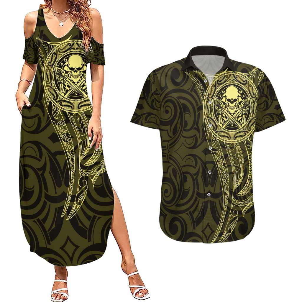 New Zealand Skull Darts Couples Matching Summer Maxi Dress and Hawaiian Shirt Aotearoa Maori Chest Tattoo Stylized Gold - Polynesian Pride