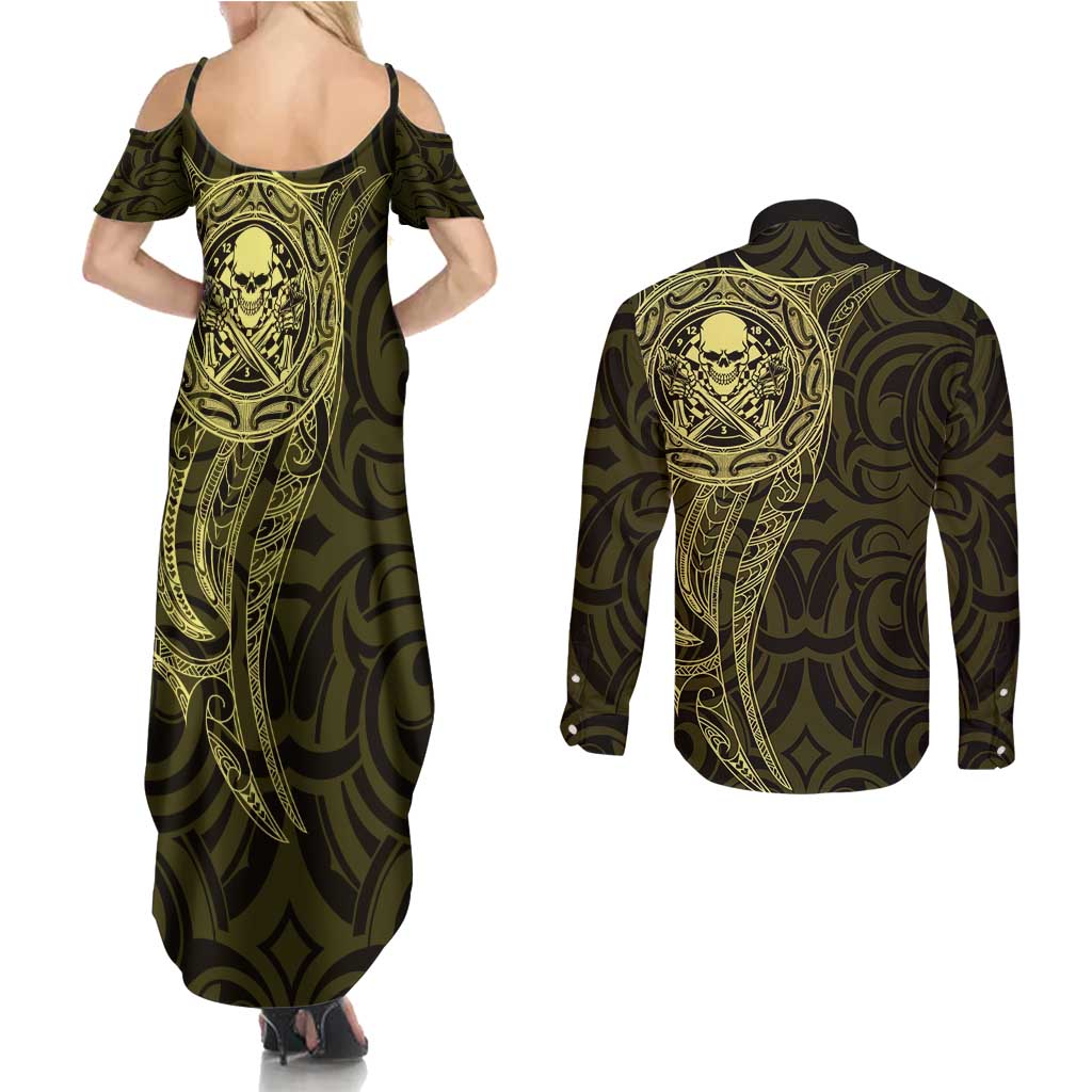 New Zealand Skull Darts Couples Matching Summer Maxi Dress and Long Sleeve Button Shirt Aotearoa Maori Chest Tattoo Stylized Gold - Polynesian Pride