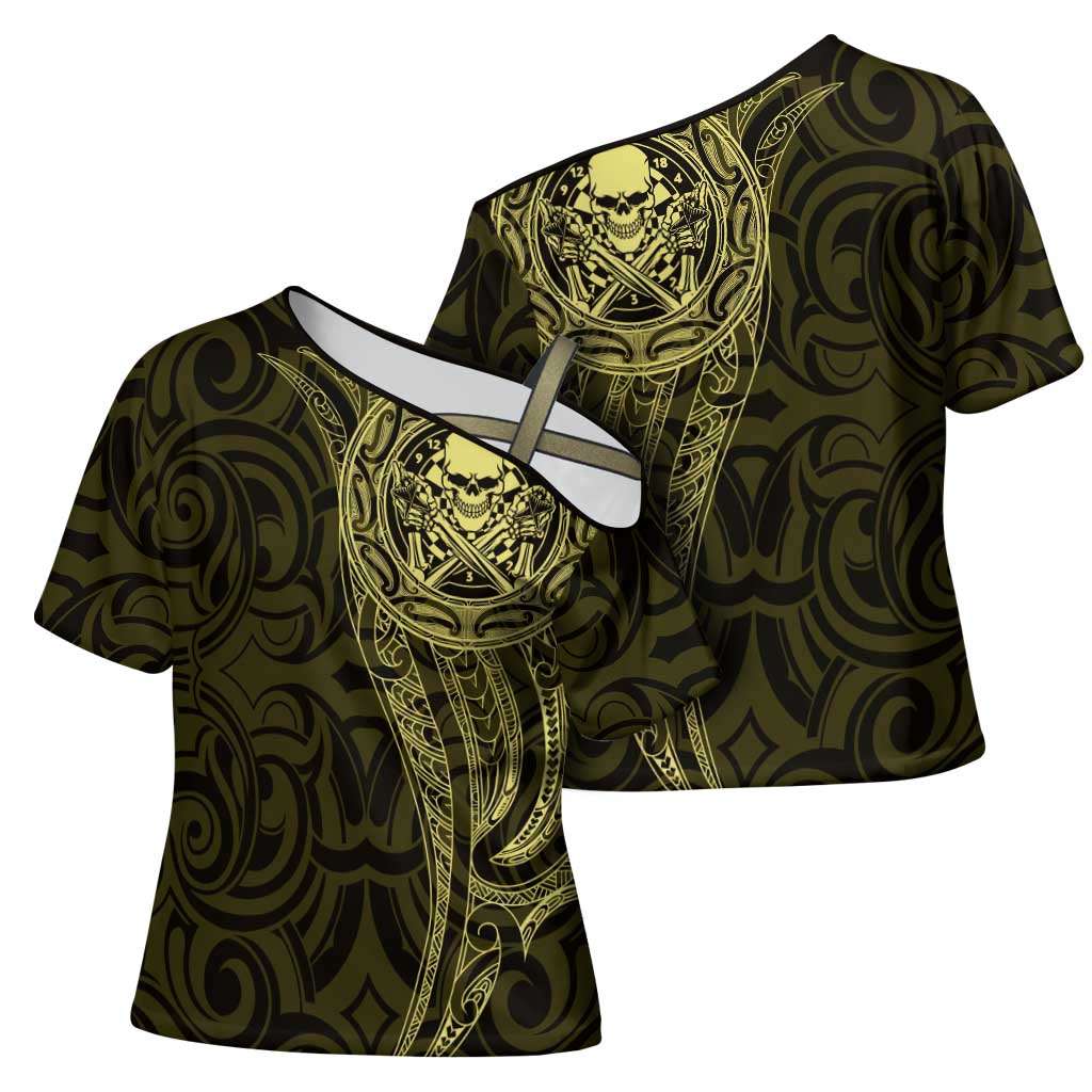 New Zealand Skull Darts Cross Shoulder Shirt Aotearoa Maori Chest Tattoo Stylized Gold - Polynesian Pride