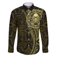 New Zealand Skull Darts Family Matching Long Sleeve Bodycon Dress and Hawaiian Shirt Aotearoa Maori Chest Tattoo Stylized Gold - Polynesian Pride