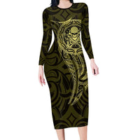 New Zealand Skull Darts Family Matching Long Sleeve Bodycon Dress and Hawaiian Shirt Aotearoa Maori Chest Tattoo Stylized Gold - Polynesian Pride