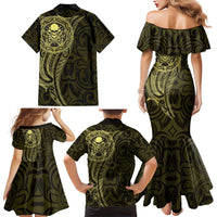 New Zealand Skull Darts Family Matching Mermaid Dress and Hawaiian Shirt Aotearoa Maori Chest Tattoo Stylized Gold - Polynesian Pride