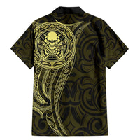 New Zealand Skull Darts Family Matching Mermaid Dress and Hawaiian Shirt Aotearoa Maori Chest Tattoo Stylized Gold - Polynesian Pride