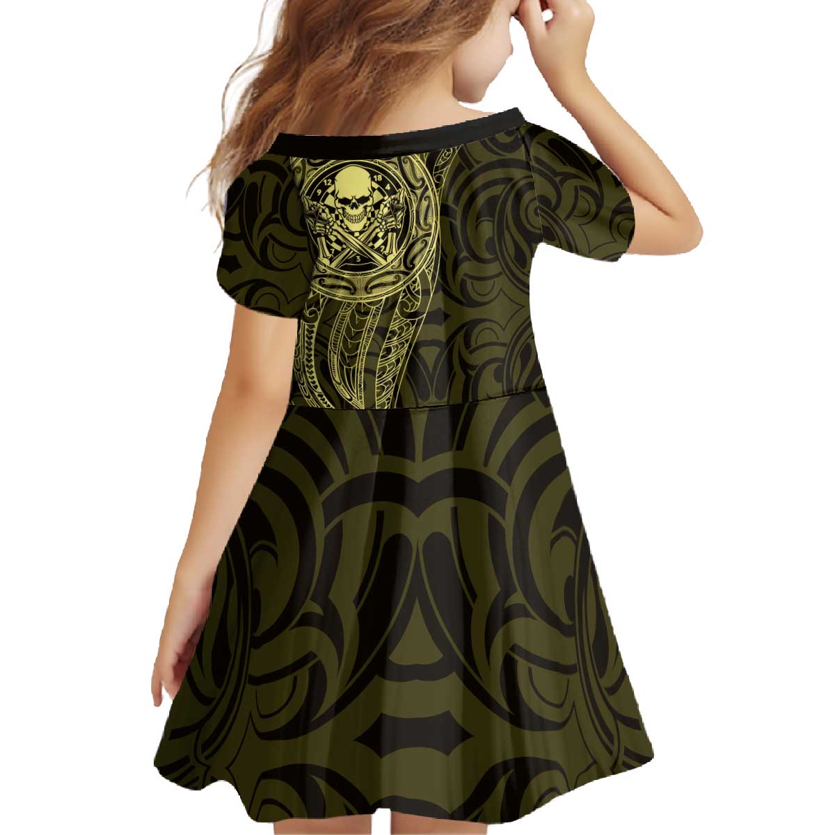 New Zealand Skull Darts Family Matching Off The Shoulder Long Sleeve Dress and Hawaiian Shirt Aotearoa Maori Chest Tattoo Stylized Gold - Polynesian Pride
