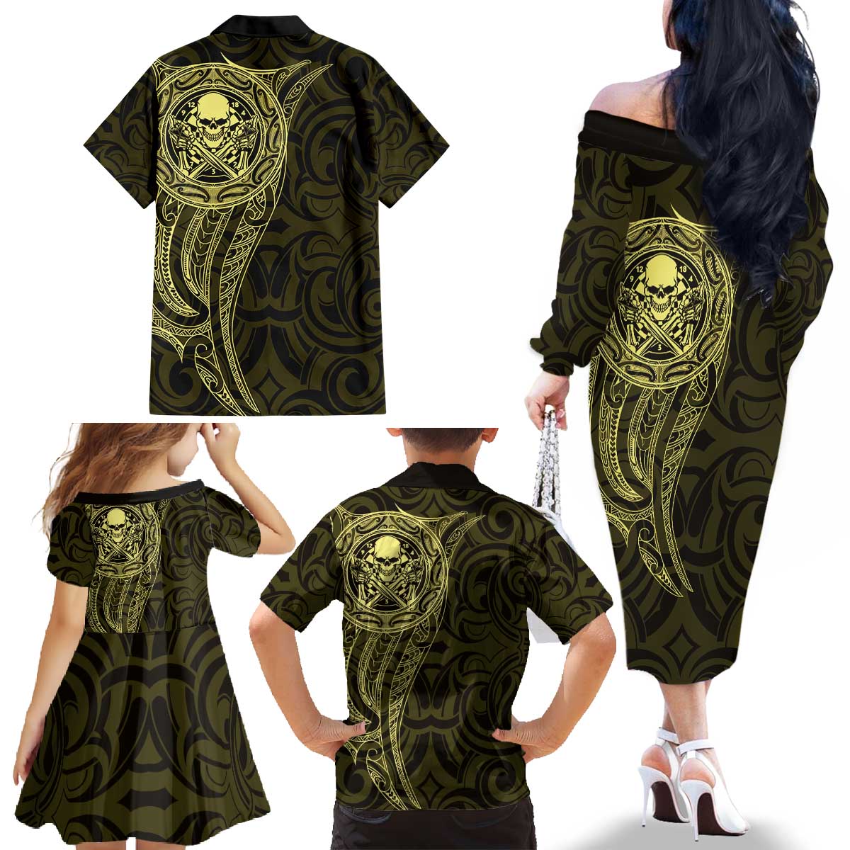 New Zealand Skull Darts Family Matching Off The Shoulder Long Sleeve Dress and Hawaiian Shirt Aotearoa Maori Chest Tattoo Stylized Gold - Polynesian Pride