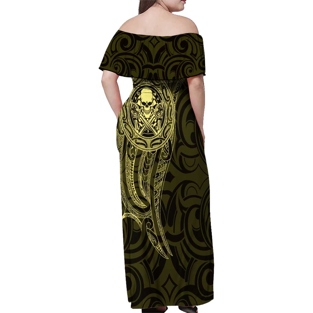 New Zealand Skull Darts Family Matching Off Shoulder Maxi Dress and Hawaiian Shirt Aotearoa Maori Chest Tattoo Stylized Gold - Polynesian Pride
