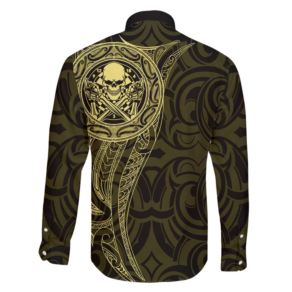New Zealand Skull Darts Family Matching Off Shoulder Short Dress and Hawaiian Shirt Aotearoa Maori Chest Tattoo Stylized Gold - Polynesian Pride