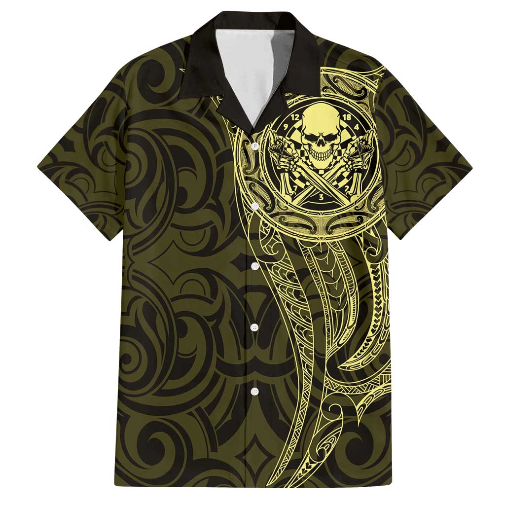 New Zealand Skull Darts Family Matching Puletasi and Hawaiian Shirt Aotearoa Maori Chest Tattoo Stylized Gold - Polynesian Pride