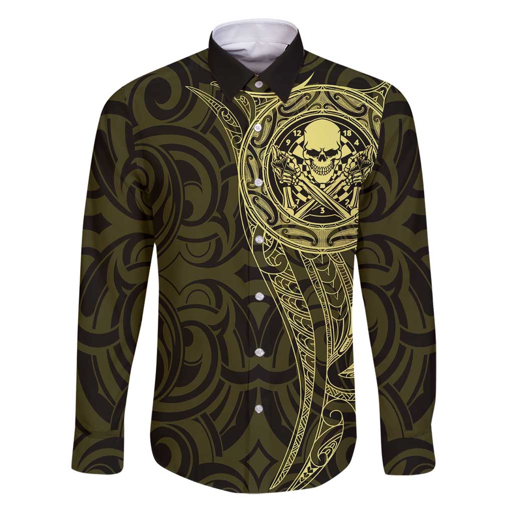 New Zealand Skull Darts Family Matching Puletasi and Hawaiian Shirt Aotearoa Maori Chest Tattoo Stylized Gold - Polynesian Pride