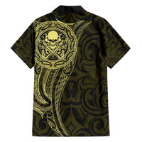 New Zealand Skull Darts Family Matching Short Sleeve Bodycon Dress and Hawaiian Shirt Aotearoa Maori Chest Tattoo Stylized Gold - Polynesian Pride