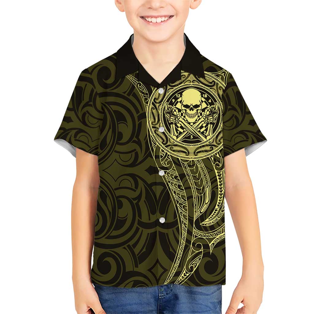 New Zealand Skull Darts Hawaiian Shirt Aotearoa Maori Chest Tattoo Stylized Gold - Polynesian Pride