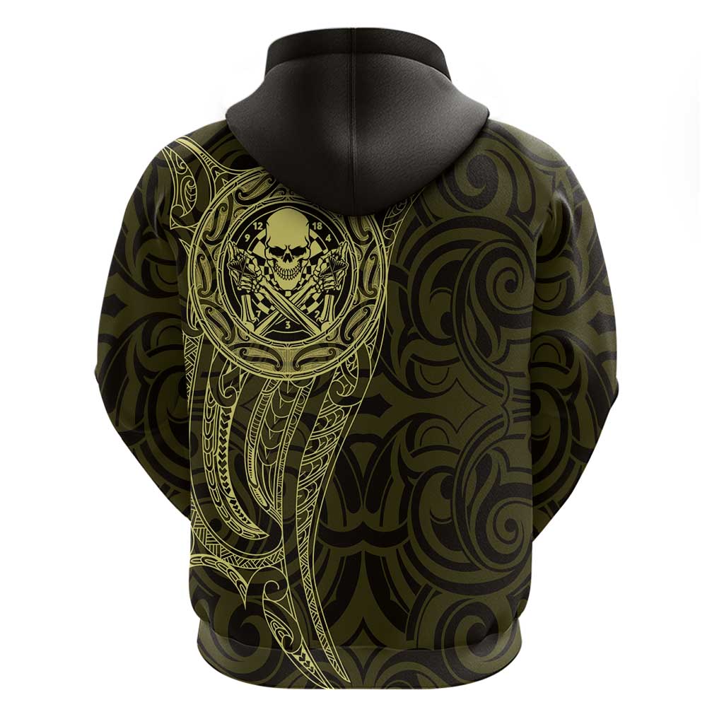 New Zealand Skull Darts Hoodie Aotearoa Maori Chest Tattoo Stylized Gold - Polynesian Pride