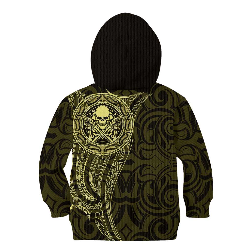 New Zealand Skull Darts Kid Hoodie Aotearoa Maori Chest Tattoo Stylized Gold - Polynesian Pride