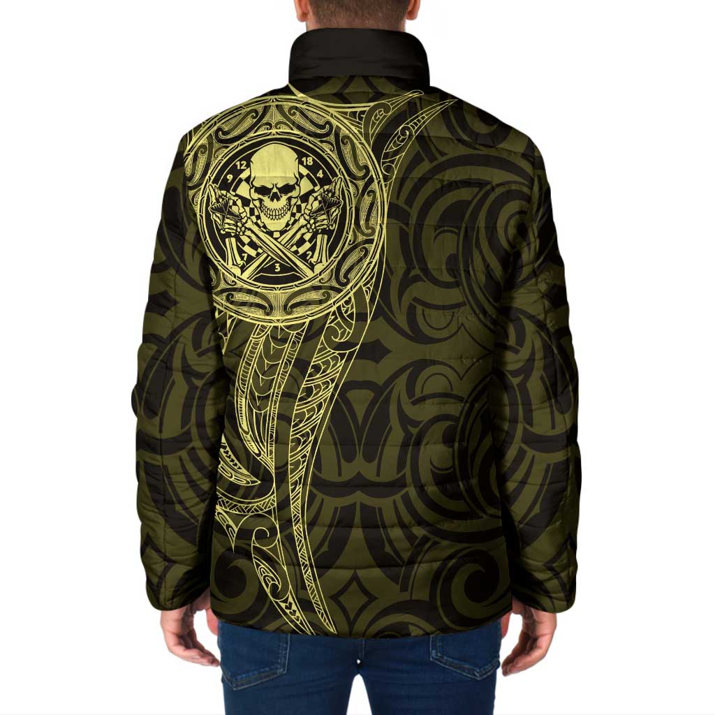 New Zealand Skull Darts Padded Jacket Aotearoa Maori Chest Tattoo Stylized Gold - Polynesian Pride