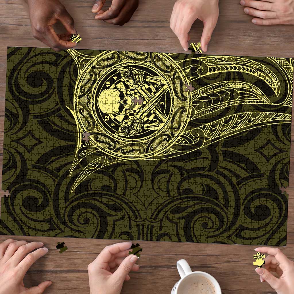 New Zealand Skull Darts Puzzle Aotearoa Maori Chest Tattoo Stylized Gold - Polynesian Pride