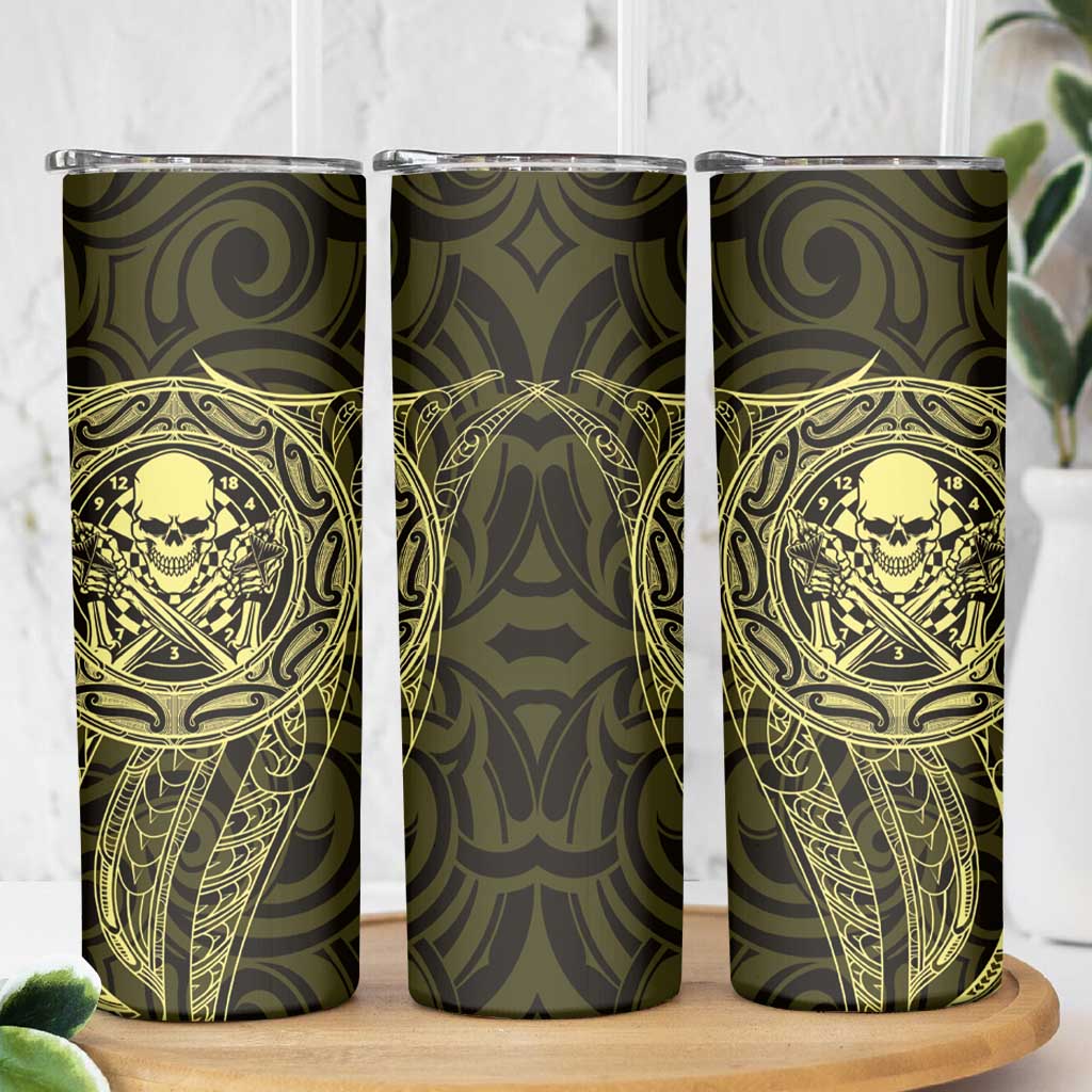 New Zealand Skull Darts Skinny Tumbler Aotearoa Maori Chest Tattoo Stylized Gold - Polynesian Pride