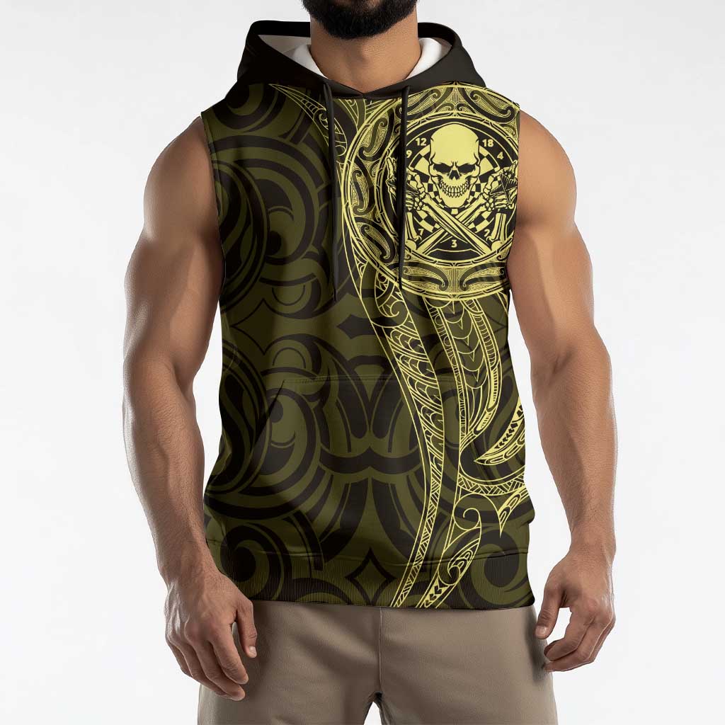 New Zealand Skull Darts Sleeveless Hoodie Aotearoa Maori Chest Tattoo Stylized Gold - Polynesian Pride