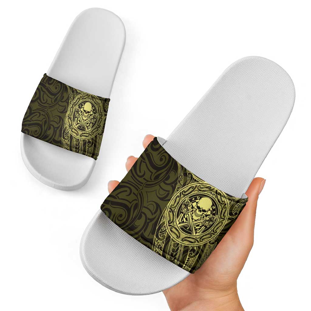 New Zealand Skull Darts Slide Sandals Aotearoa Maori Chest Tattoo Stylized Gold LT14 - Polynesian Pride